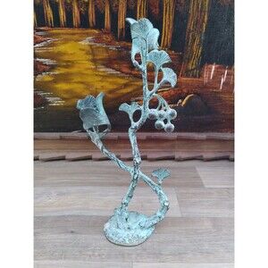 Bronze Candlestick Holder Ginkgo Leaves Berries